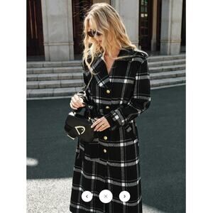 NWT Commense Plaid Belted Wool Blend Trench Coat Sz L